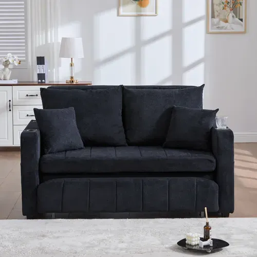 Canapé Convertible 2 Places, Porte-gobelets Et Port USB, Style Moderne, Revêtement Chenille - Noir