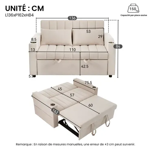 Canapé Convertible 2 Places, Fonction Lit, Porte-gobelet, Style Moderne, Revêtement Coton - Beige