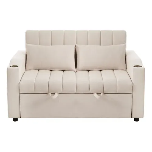 Canapé Convertible 2 Places, Fonction Lit, Porte-gobelet, Style Moderne, Revêtement Coton - Beige