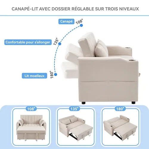 Canapé Convertible 2 Places, Fonction Lit, Porte-gobelet, Style Moderne, Revêtement Coton - Beige