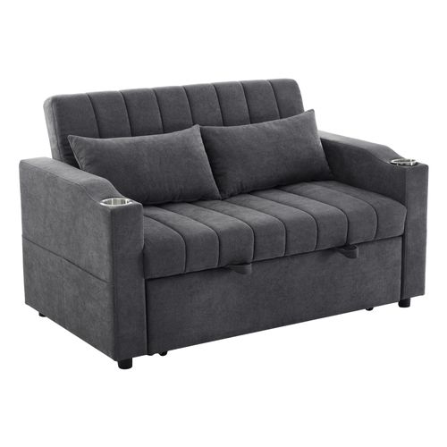 Canapé Convertible 2 Places, Fonction Lit, Porte-gobelet, Style Moderne, Revêtement Coton - Gris