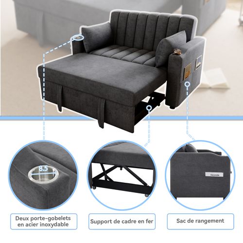 Canapé Convertible 2 Places, Fonction Lit, Porte-gobelet, Style Moderne, Revêtement Coton - Gris