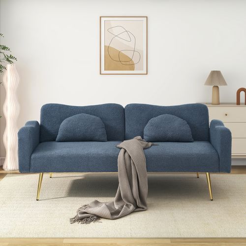 Canapé Droit Convertible 2 Places, Dossier 3 Positions, Laine D'agneau, Pieds Métal - Bleu Gris