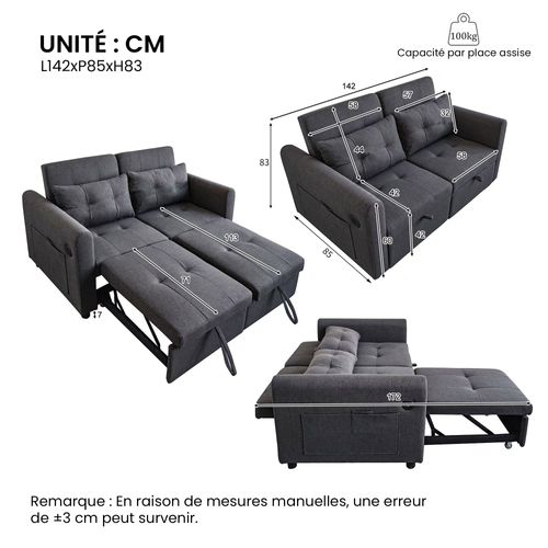 Canapé Convertible 2 Places, Dossier Réglable, Poches Latérales, Toile De Coton - Gris Foncé