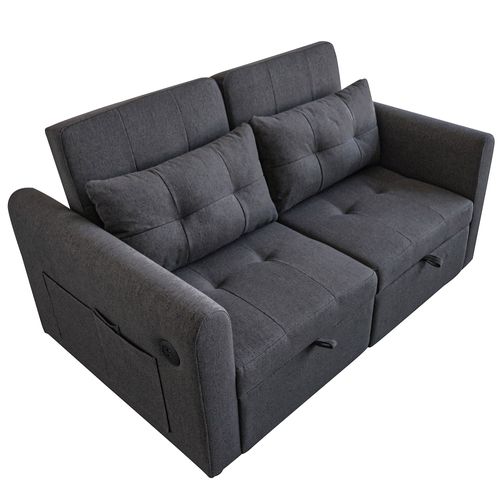 Canapé Convertible 2 Places, Dossier Réglable, Poches Latérales, Toile De Coton - Gris Foncé