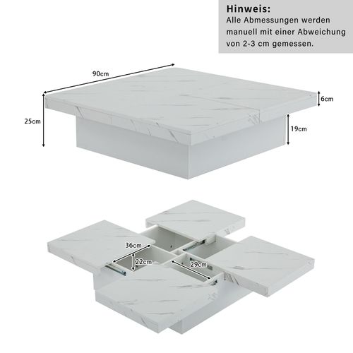 Table Basse Carrée Effet Marbre, 4 Tiroirs, Plateau Coulissant, Panneaux Particules, Blanc