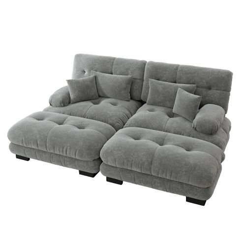Canapé 2 Places, Canapé En Chenille Gris Avec 2 Coussins Lombaires, 2 Oreillers Et 2 Poufs