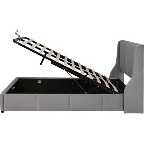 Lit 140x200cm, Lit Coffre, Lit 2 Places, Lit Adulte, Tête De Lit, Sommier, Velours, Métal, Gris
