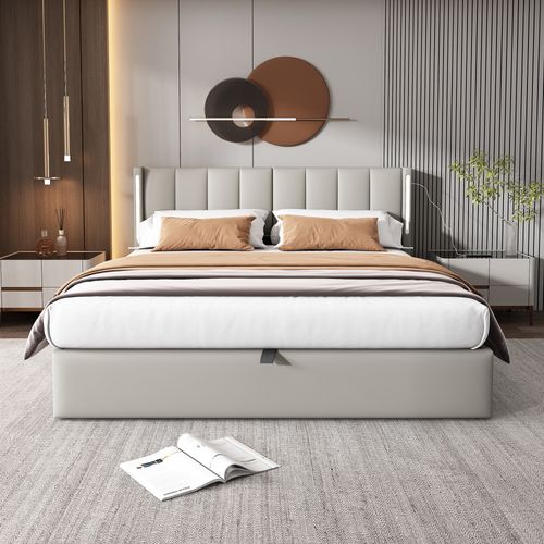 Lit 140x190cm, Lit Coffre, Lit Double, Sommier, Dossier Réglable, LED, USB, Pu, Métal, Gris