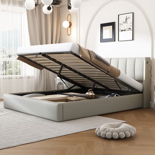 Lit 140x190cm, Lit Coffre, Lit Double, Sommier, Dossier Réglable, LED, USB, Pu, Métal, Gris