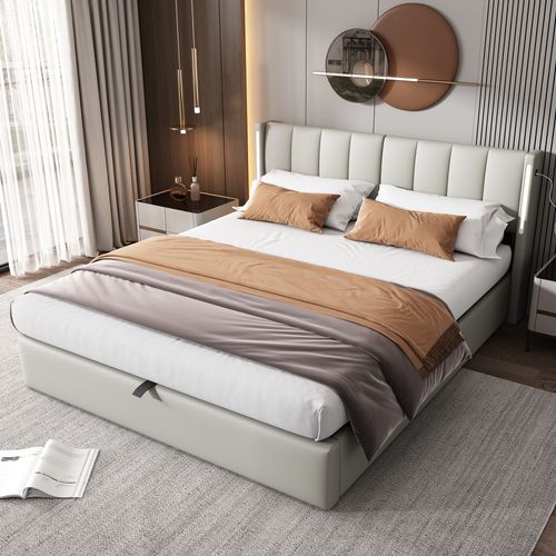 Lit 140x190cm, Lit Coffre, Lit Double, Sommier, Dossier Réglable, LED, USB, Pu, Métal, Gris