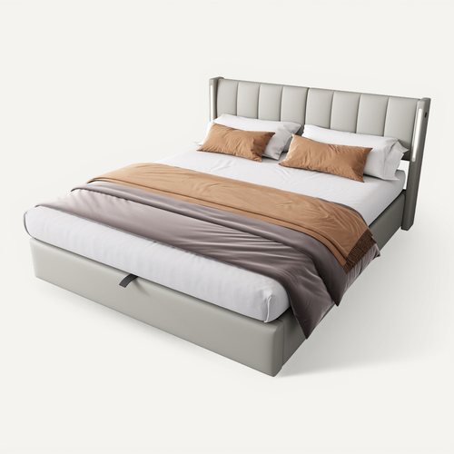 Lit 140x190cm, Lit Coffre, Lit Double, Sommier, Dossier Réglable, LED, USB, Pu, Métal, Gris