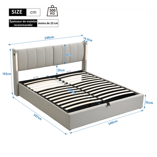 Lit 140x190cm, Lit Coffre, Lit Double, Sommier, Dossier Réglable, LED, USB, Pu, Métal, Gris