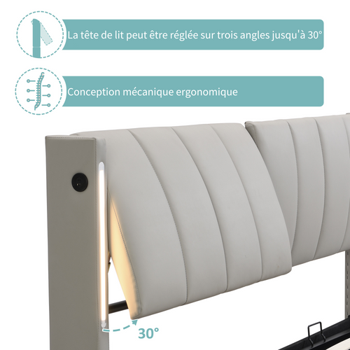 Lit 140x190cm, Lit Coffre, Lit Double, Sommier, Dossier Réglable, LED, USB, Pu, Métal, Gris