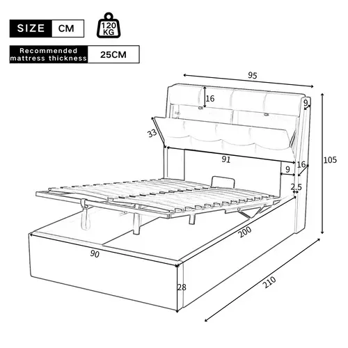 Lit 90x200cm, Lit Coffre, Lit 1 Place, Lit Adulte, Sommier, Tête De Lit, Moderne, Pu, Blanc