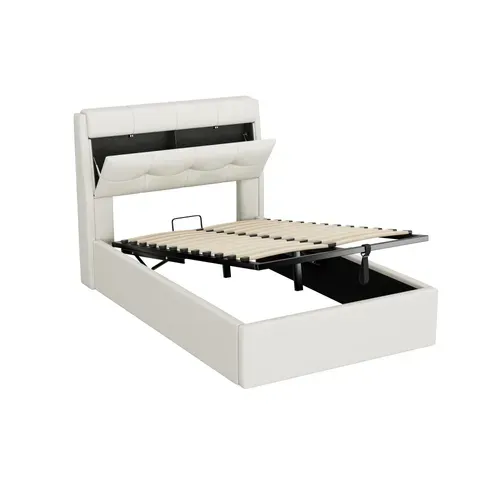 Lit 90x200cm, Lit Coffre, Lit 1 Place, Lit Adulte, Sommier, Tête De Lit, Moderne, Pu, Blanc