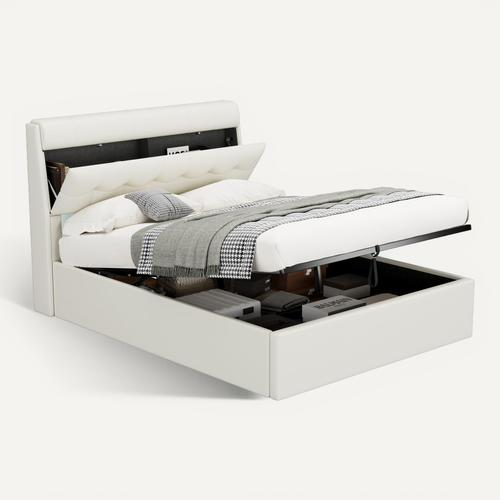 Lit 140x190cm, Lit Double, Lit Coffre, Lit Adulte, Sommier, Tête De Lit, Moderne, Pu, Blanc