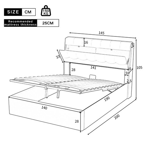 Lit 140x190cm, Lit Double, Lit Coffre, Lit Adulte, Sommier, Tête De Lit, Moderne, Pu, Blanc