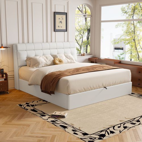 Lit 140x190cm, Lit Double, Lit Coffre, Lit Adulte, Sommier, Tête De Lit, Moderne, Pu, Blanc