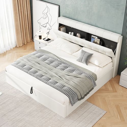 Lit 180x200cm, Lit Double, Lit Coffre, Lit Adulte, Sommier, Moderne, Tête De Lit, Pu, Blanc