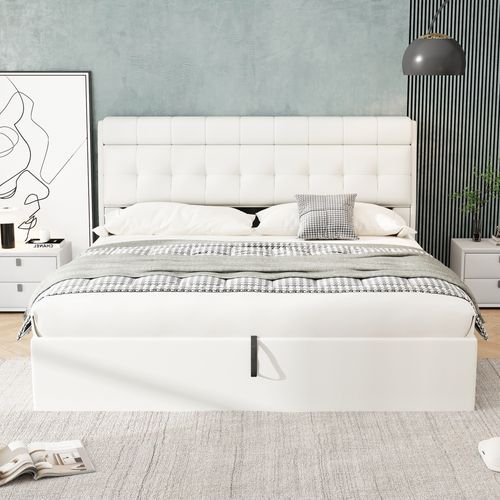 Lit 180x200cm, Lit Double, Lit Coffre, Lit Adulte, Sommier, Moderne, Tête De Lit, Pu, Blanc