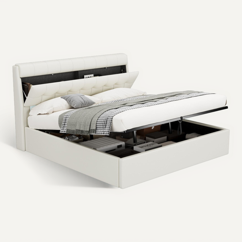 Lit 180x200cm, Lit Double, Lit Coffre, Lit Adulte, Sommier, Moderne, Tête De Lit, Pu, Blanc