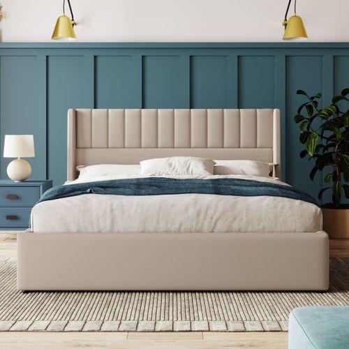 Lit 140x200cm, Lit 2 Places, Lit Coffre, Tête De Lit, Sommier, Moderne,lin, Métal, Bois, Beige