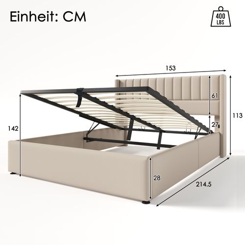 Lit 140x200cm, Lit 2 Places, Lit Coffre, Tête De Lit, Sommier, Moderne,lin, Métal, Bois, Beige