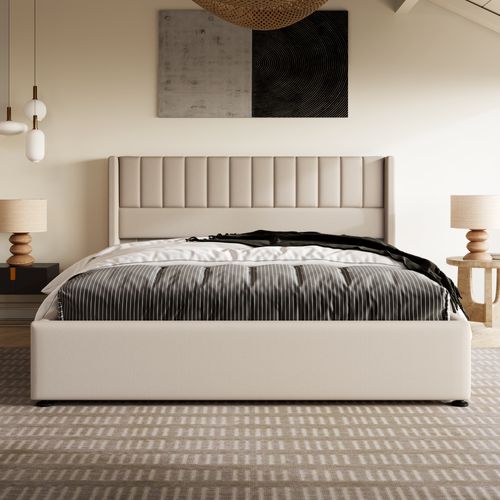 Lit 140x200cm, Lit 2 Places, Lit Coffre, Tête De Lit, Sommier, Moderne,lin, Métal, Bois, Beige