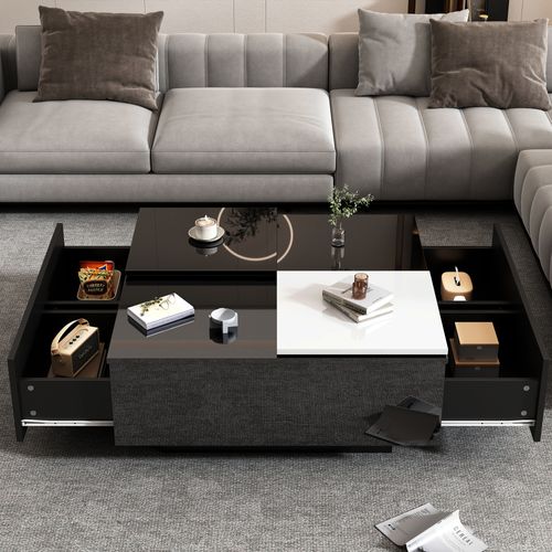 Table Basse Carrée, Plateau Coulissant, Tiroirs Et Rangement, 75×75×33,5 Cm, Noir/blanc