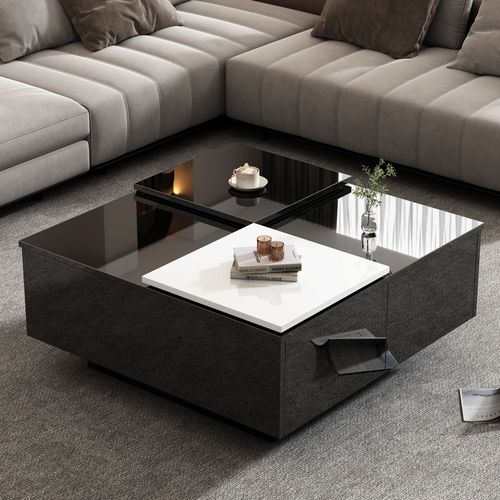 Table Basse Carrée, Plateau Coulissant, Tiroirs Et Rangement, 75×75×33,5 Cm, Noir/blanc