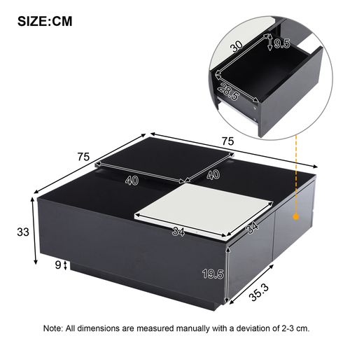 Table Basse Carrée, Plateau Coulissant, Tiroirs Et Rangement, 75×75×33,5 Cm, Noir/blanc