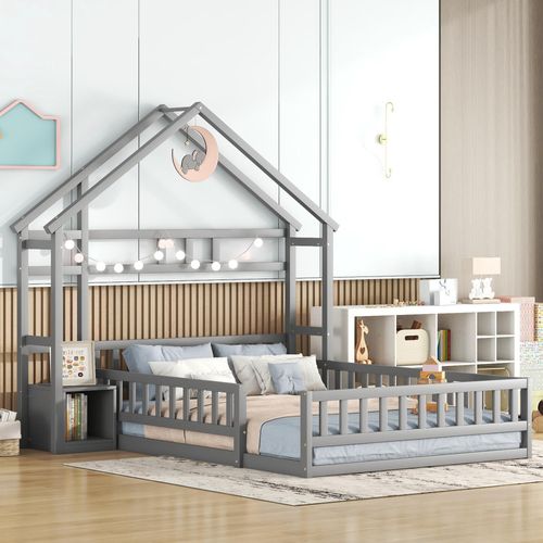 Lit Cabane 140 X 190 Cm - Lit Enfant Avec Chevet Et Balustrade - Bois De Pin + Mdf - Gris