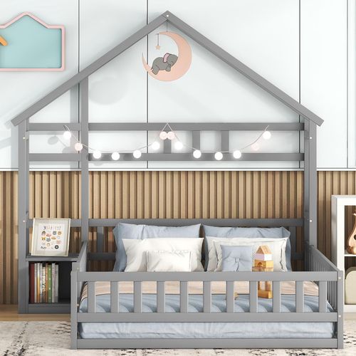 Lit Cabane 140 X 190 Cm - Lit Enfant Avec Chevet Et Balustrade - Bois De Pin + Mdf - Gris