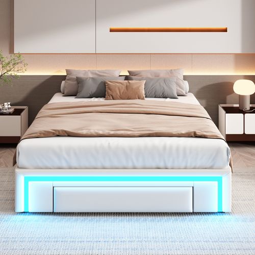 Lit Avec Rangement 140x200 Cm - Lit Double Avec 3 Tiroirs Et Bande LED - Beige