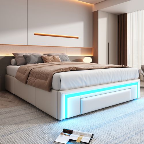 Lit Avec Rangement 140x200 Cm - Lit Double Avec 3 Tiroirs Et Bande LED - Beige