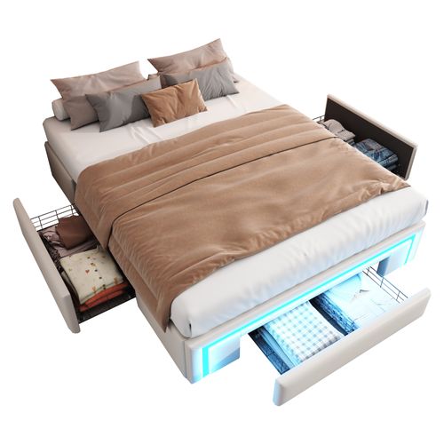 Lit Avec Rangement 140x200 Cm - Lit Double Avec 3 Tiroirs Et Bande LED - Beige