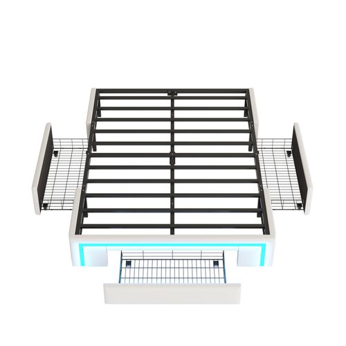 Lit Avec Rangement 140x200 Cm - Lit Double Avec 3 Tiroirs Et Bande LED - Beige