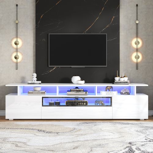 Meuble TV 180x38x45 Cm, 2 Portes, 1 Tiroir, LED, Finition Brillante, Aggloméré, Blanc