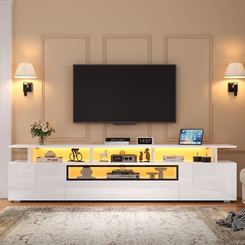 Meuble TV 180x38x45 Cm, 2 Portes, 1 Tiroir, LED, Finition Brillante, Aggloméré, Blanc