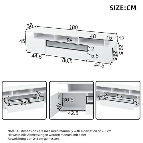 Meuble TV 180x38x45 Cm, 2 Portes, 1 Tiroir, LED, Finition Brillante, Aggloméré, Blanc