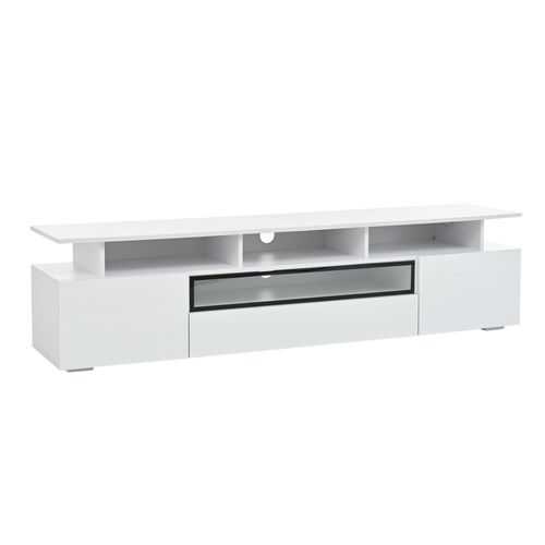 Meuble TV 180x38x45 Cm, 2 Portes, 1 Tiroir, LED, Finition Brillante, Aggloméré, Blanc