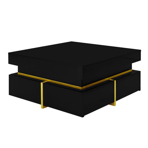 Table Basse70x70x35.5cm, Table Carré, 2 Tiroirs, Finition à  Brillance, Aggloméré, Noir+doré