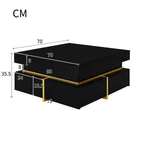 Table Basse70x70x35.5cm, Table Carré, 2 Tiroirs, Finition à  Brillance, Aggloméré, Noir+doré