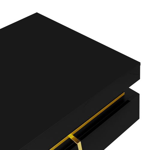 Table Basse70x70x35.5cm, Table Carré, 2 Tiroirs, Finition à  Brillance, Aggloméré, Noir+doré