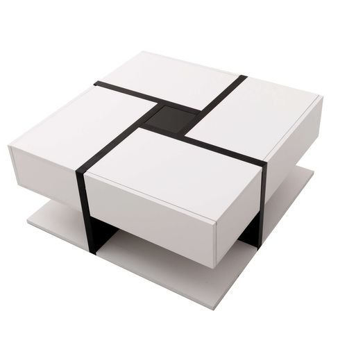 Table Basse78x78x36cm, Table Carré, 4 Tiroirs, Moderne, Aggloméré, Blanc+noir
