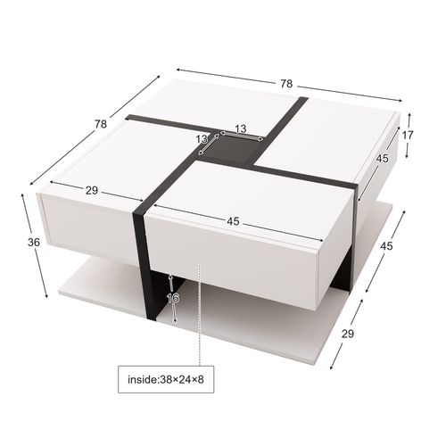 Table Basse78x78x36cm, Table Carré, 4 Tiroirs, Moderne, Aggloméré, Blanc+noir
