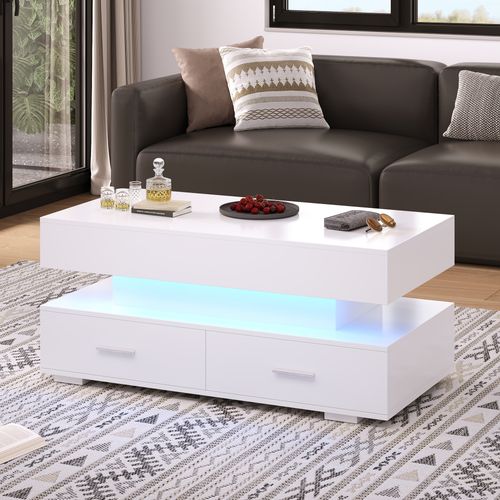 Table Basse 100*50*44cm, Table Salon, Table Rangement, Plateau Relevable, Tiroirs, LED, En Pb, Blanc