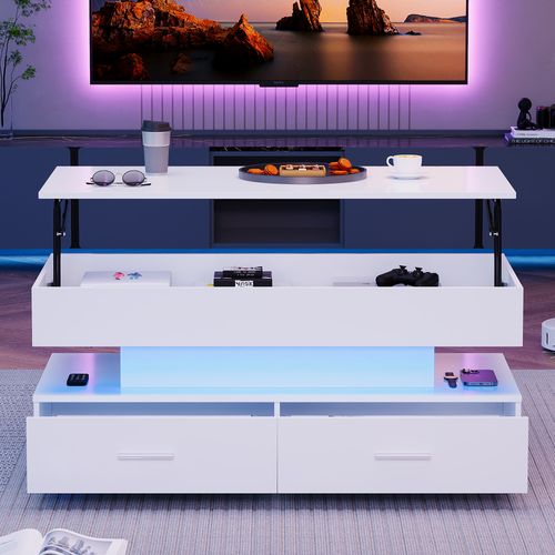 Table Basse 100*50*44cm, Table Salon, Table Rangement, Plateau Relevable, Tiroirs, LED, En Pb, Blanc