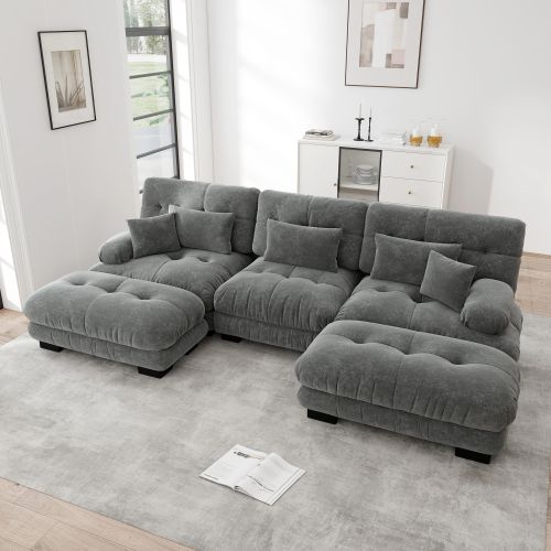 Canapé D'angle Modulaire En U, Canapé En Chenille Gris Avec Repose-pieds